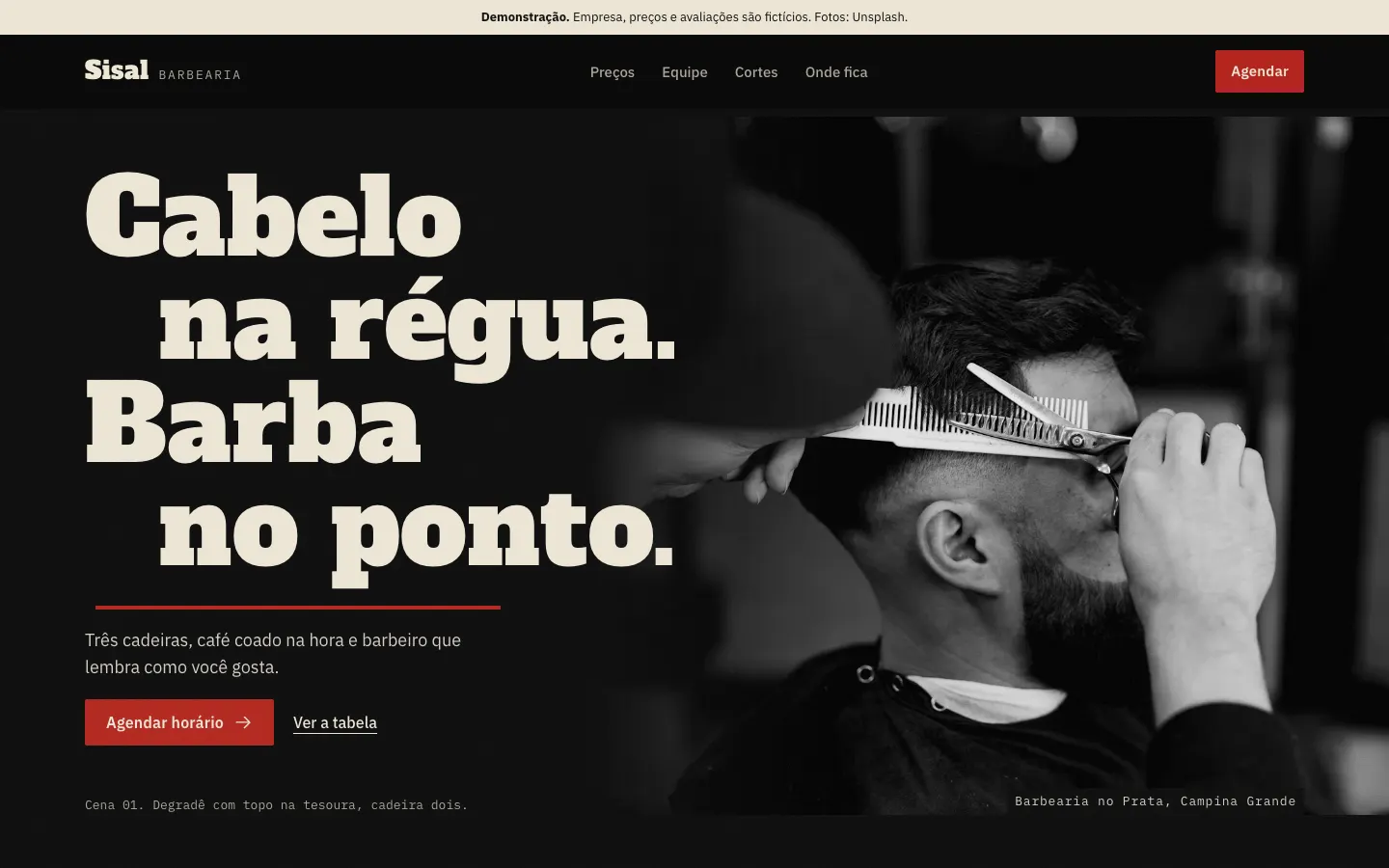 Tela do site de demonstração da Sisal Barbearia