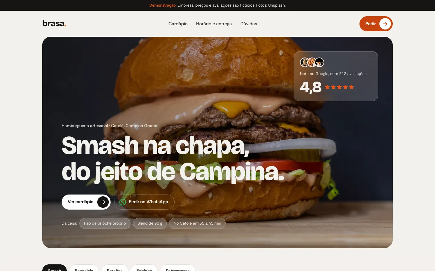 Tela do site de demonstração da hamburgueria Brasa Smash Burger
