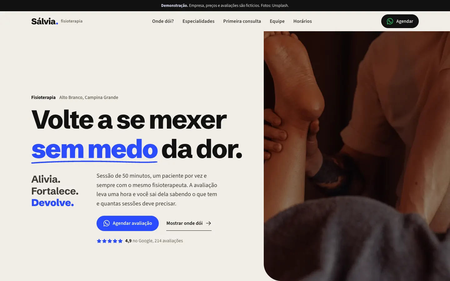 Tela do site de demonstração da clínica Sálvia Fisioterapia